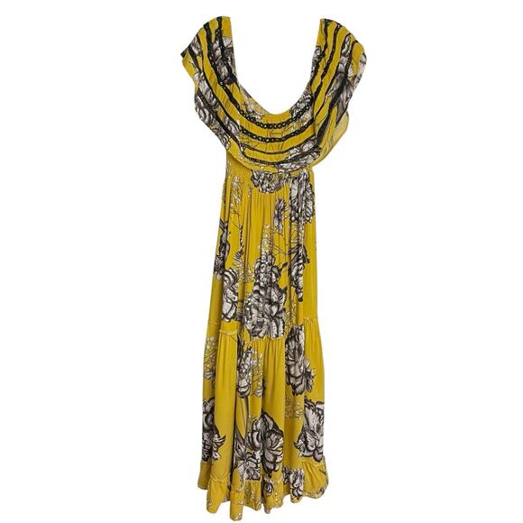 Jaase Karlie‎ Maxi Dress Womens L Yellow Golden Lillies Floral Off Shoulder Boho - Picture 3 of 9